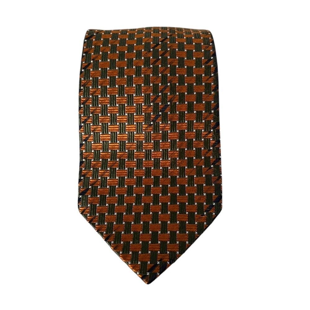 Vintage Tiffany & Co Silk Tie Italy Orange Olive Green Geometric Basketweave